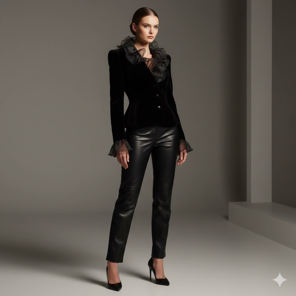 Black Velvet Jacket Sheer Oversized Ruffled Collar Cuffs Fitted Waist Whimsyhoth